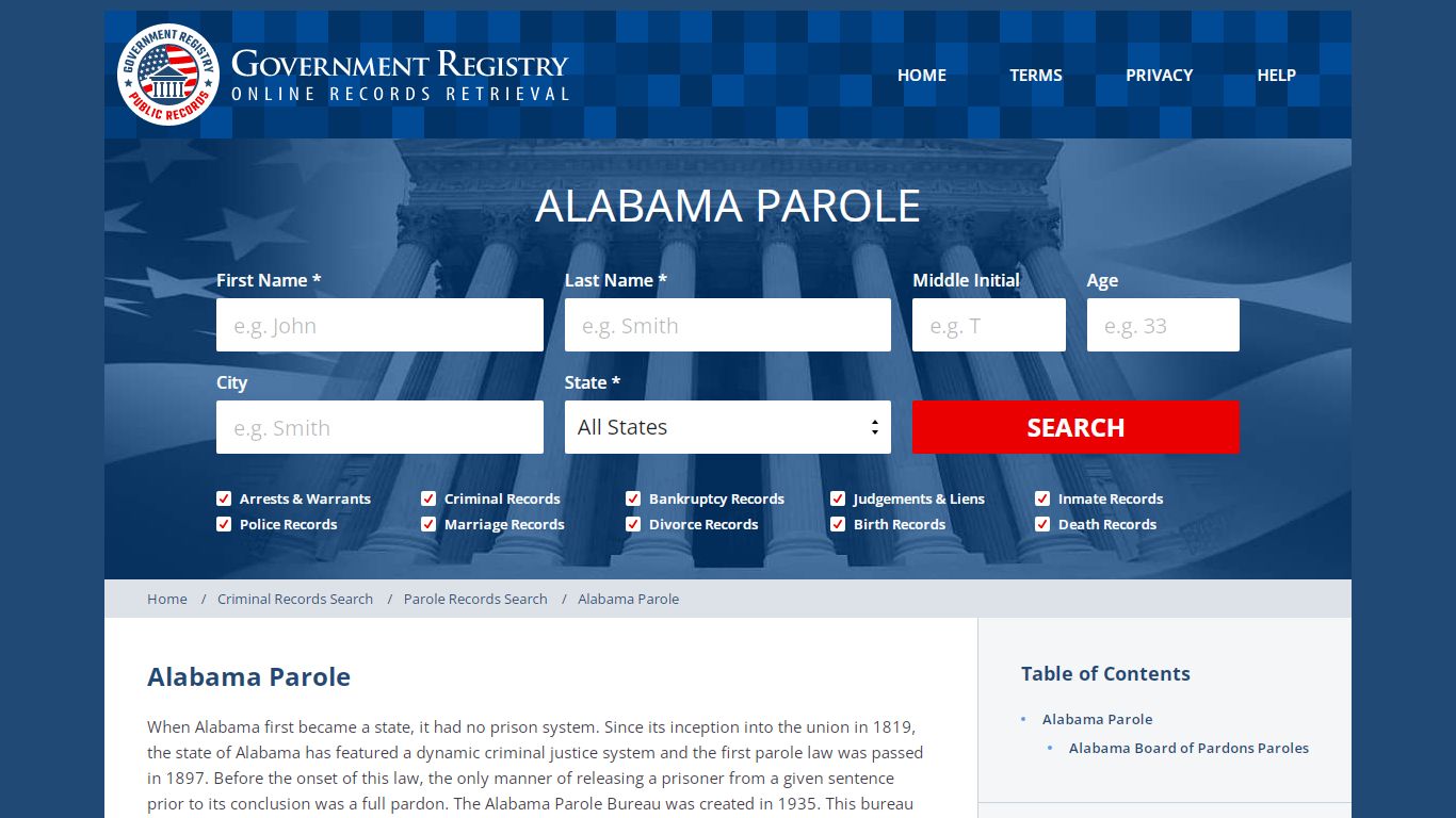 Alabama Parole| Alabama Department of Parole |GovernmentRegistry.org